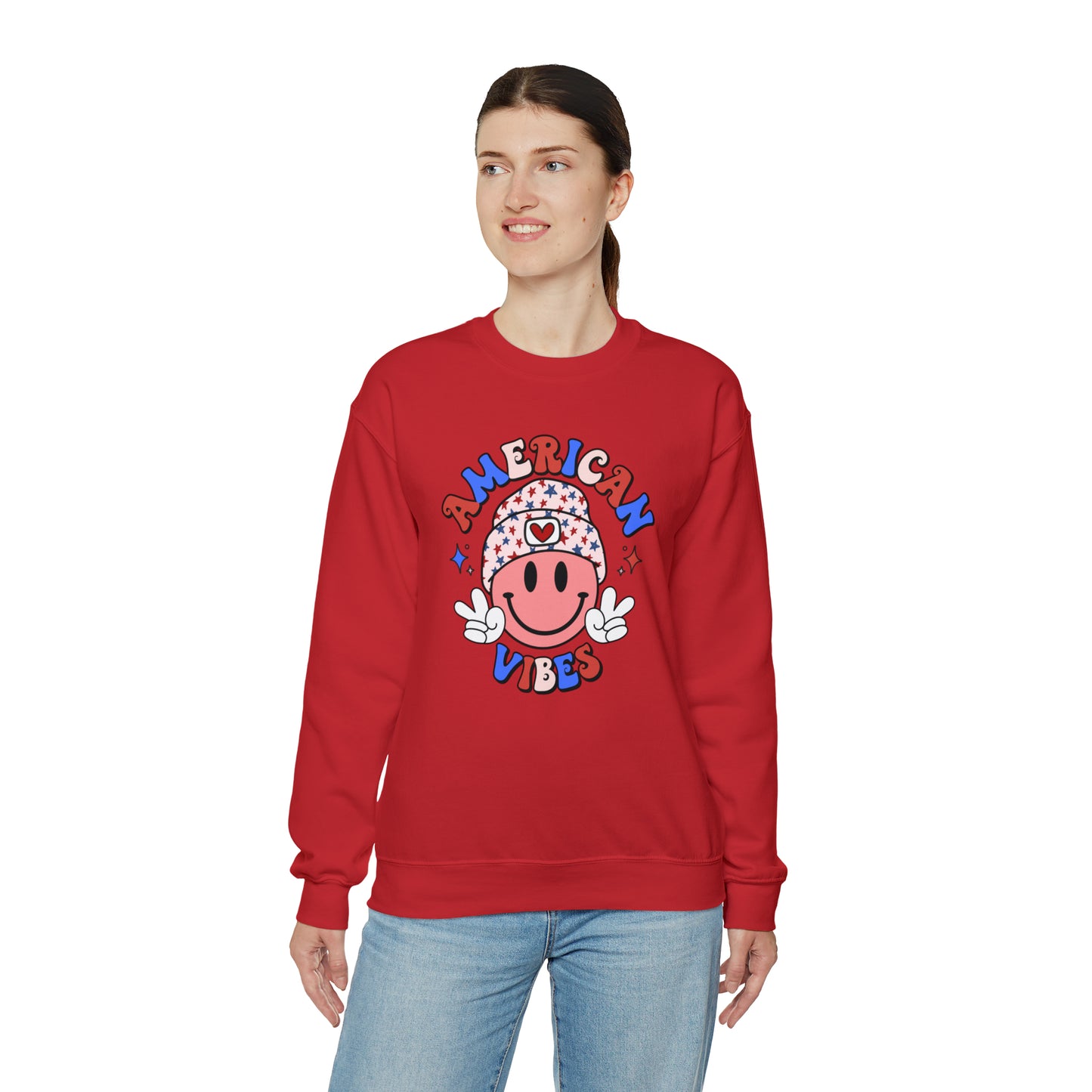 USA American Vibes Smiley Face with Heart Beanie and Peace Signs Heavy Blend™ Crewneck Sweatshirt