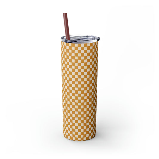 Boho Golden Checkerboard Print Skinny Tumbler with Straw, 20oz