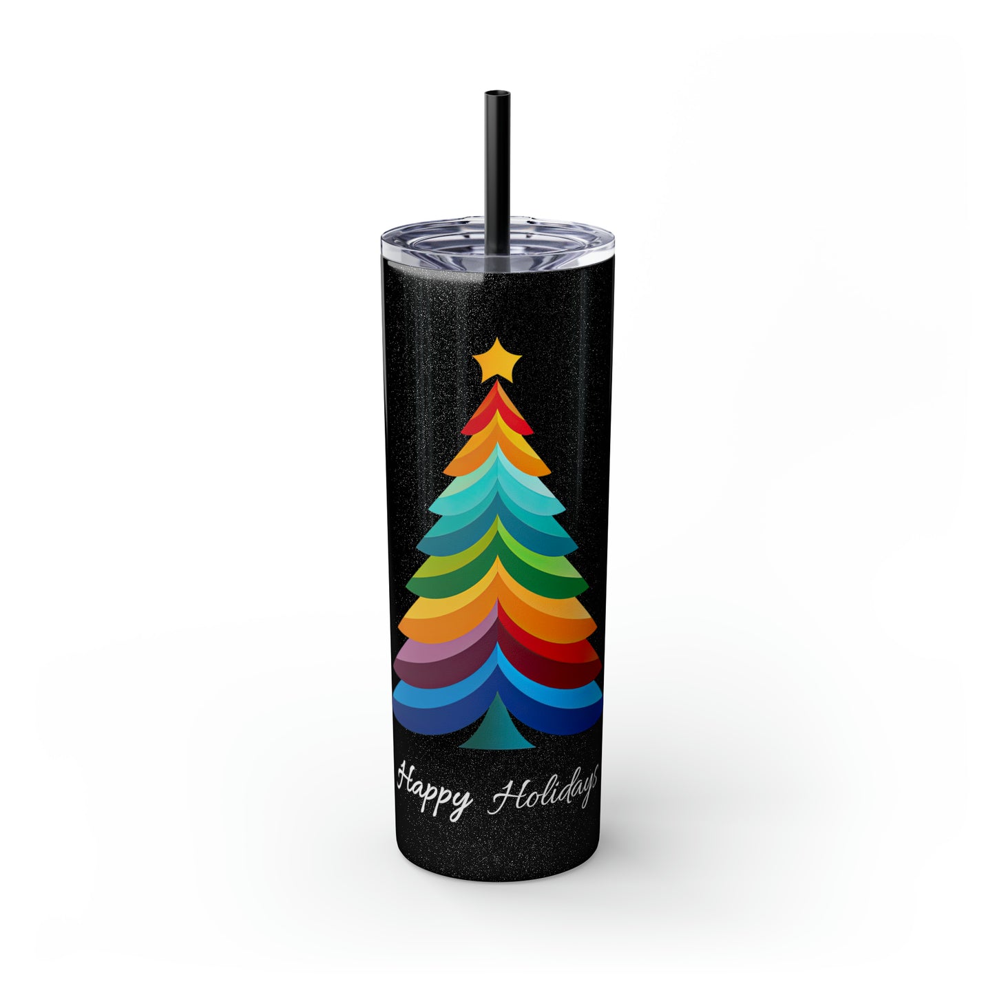 Happy Holidays Layered Rainbow Christmas Tree Skinny Tumbler with Pick your Color Straw, 20oz