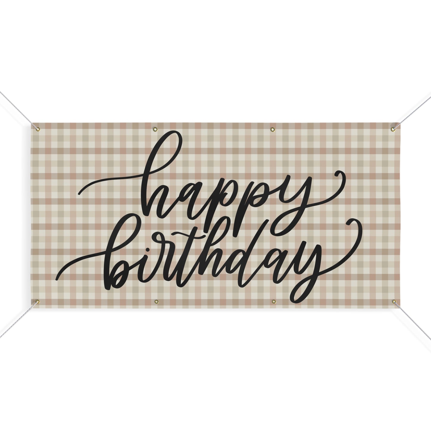 Boho Plaid Cream Cursive Happy Birthday Matte Banner - Pink