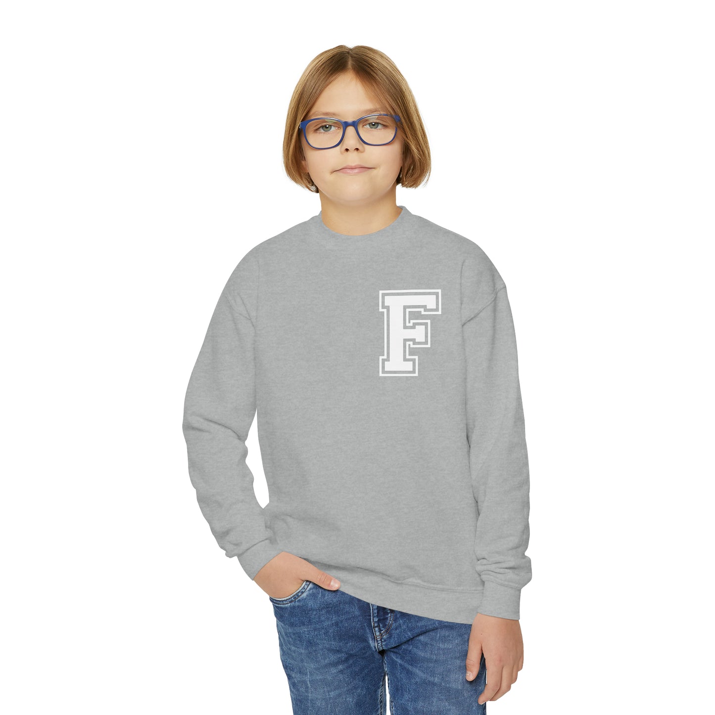 YOUTH - Front to Back Design - Varsity F Vertical Freeburg Midgets Logo Youth Crewneck Sweatshirt