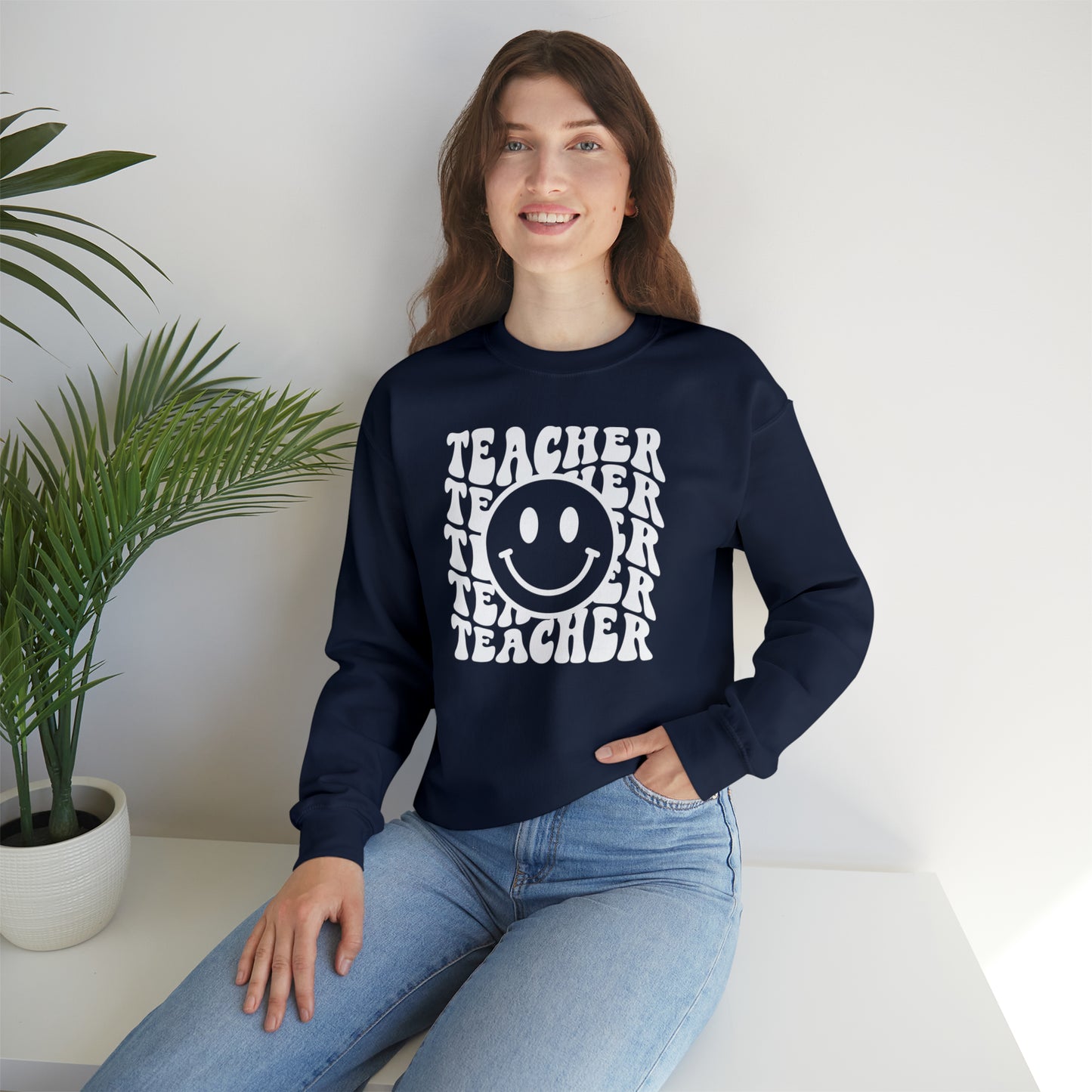 Teacher with Smiley Face White Logo Unisex Heavy Blend™ Crewneck Sweatshirt