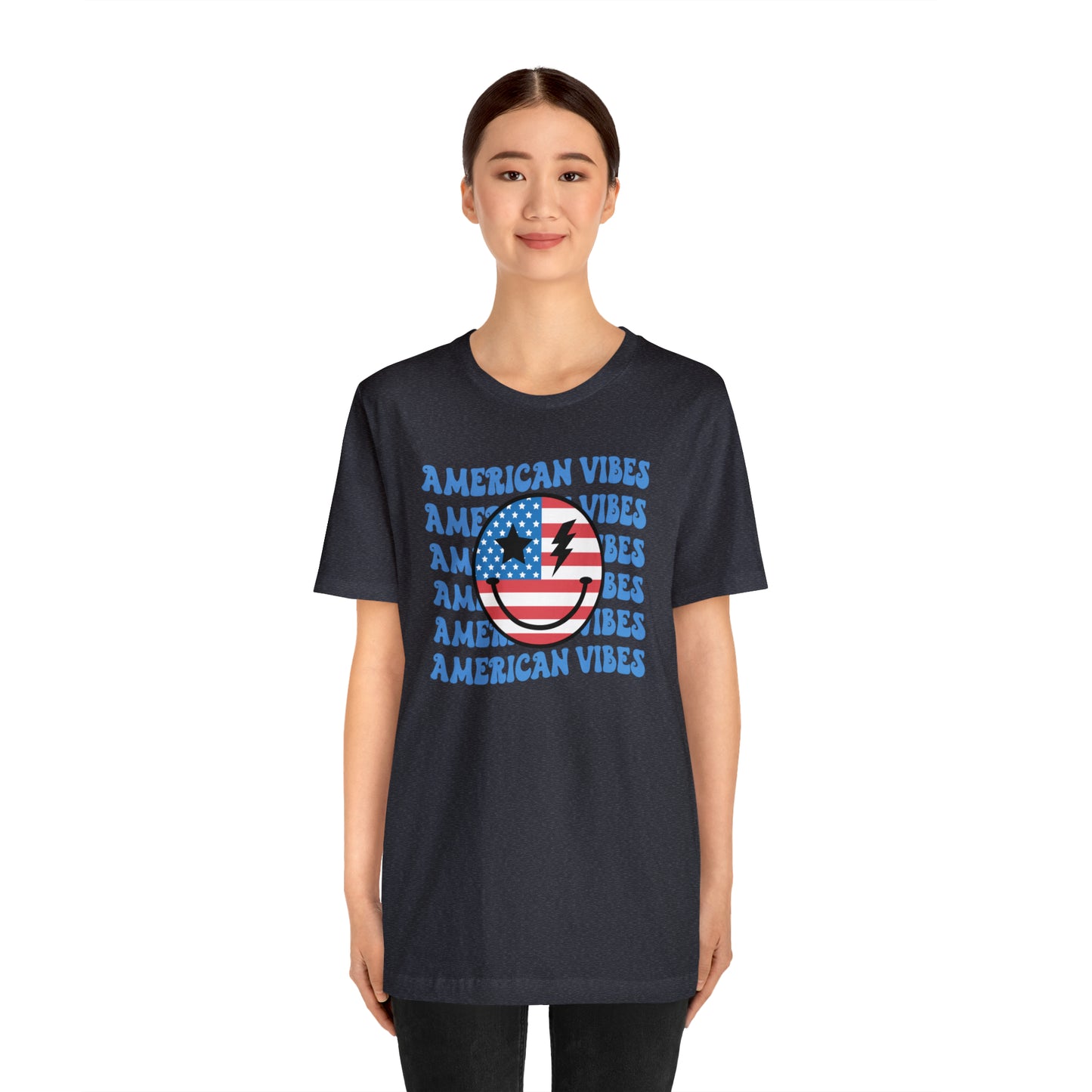 USA American Vibes American Flag Smiley Face Unisex Jersey Short Sleeve Tee