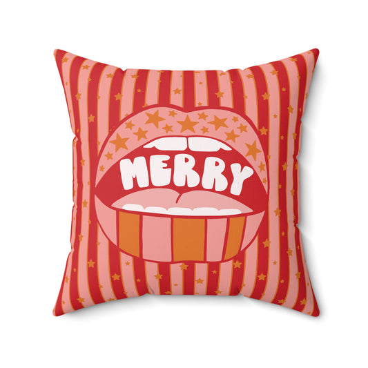 Stripes and Stars Merry Christmas Lips / Holiday Polyester Square Pillow