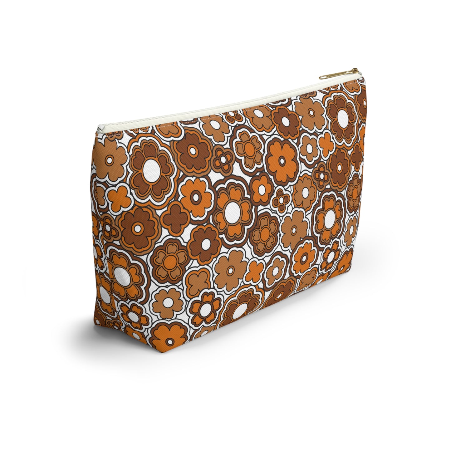 Flower Power Retro Brown Print  Accessory Pouch w T-bottom