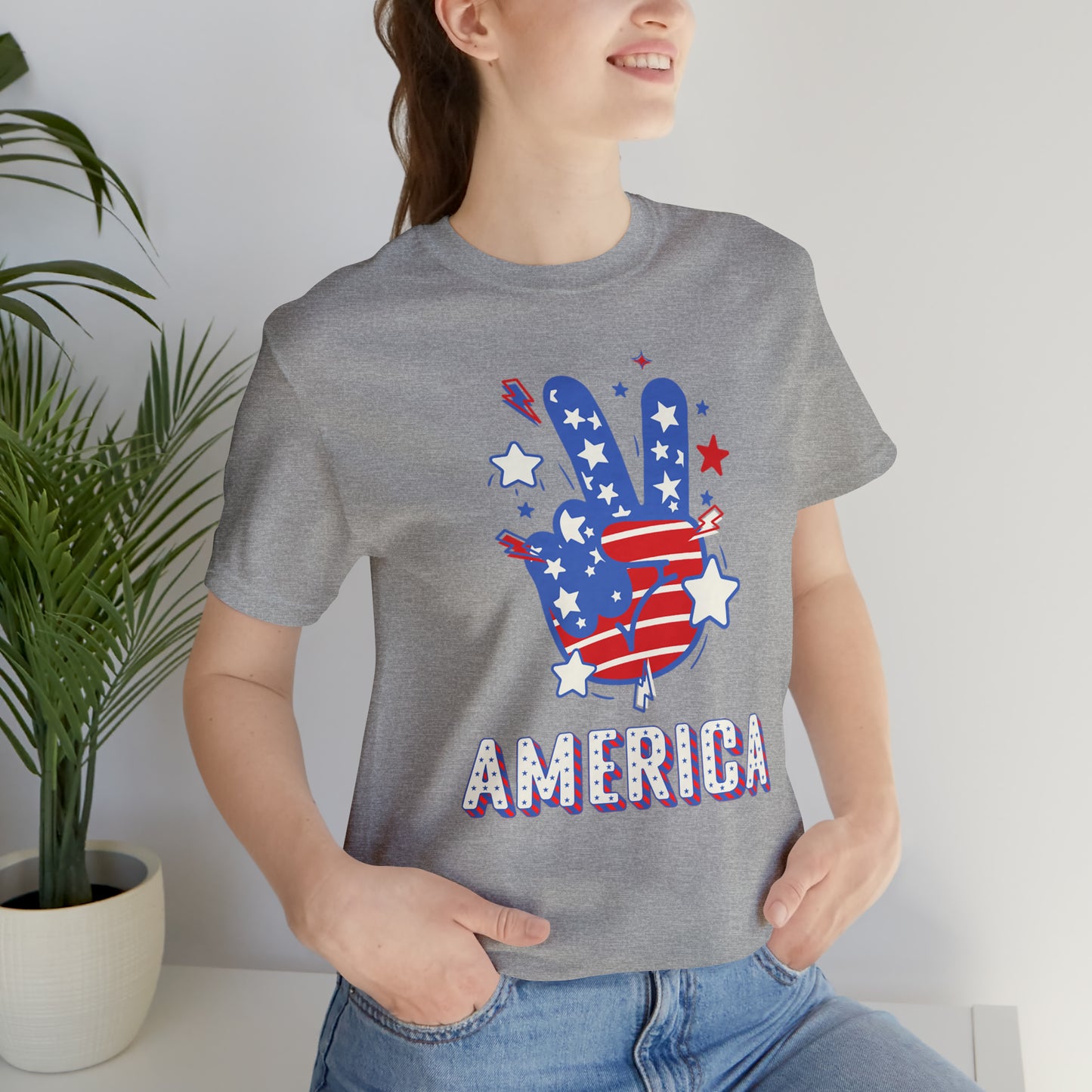 America USA Stars Peace Sign with Hands Unisex Jersey Short Sleeve Tee