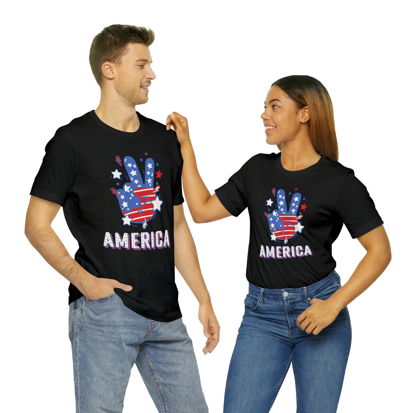 America USA Stars Peace Sign with Hands Unisex Jersey Short Sleeve Tee