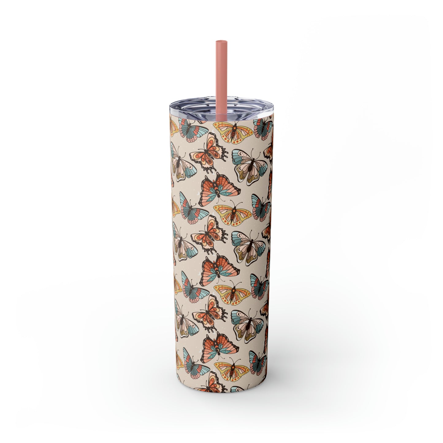 Boho Butterfly Brown Skinny Tumbler with Straw, 20oz