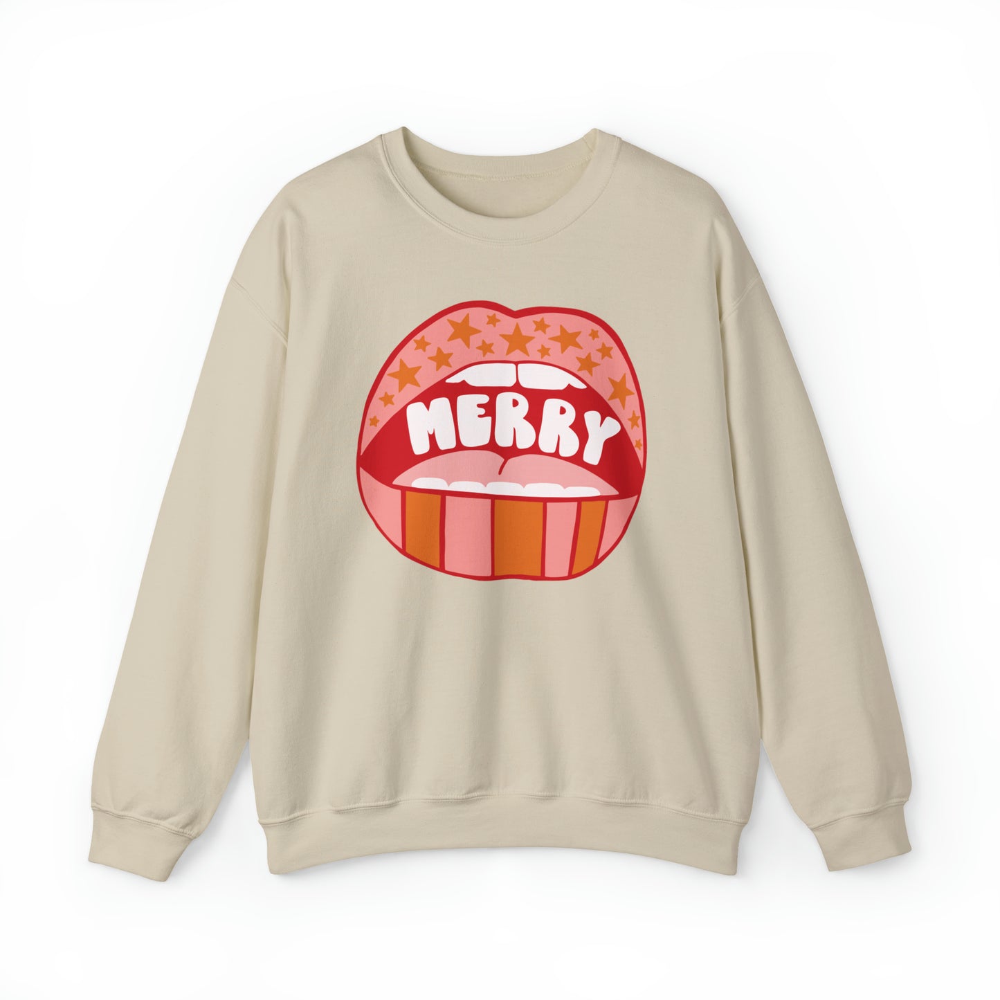 Christmas Holiday Merry Lips Stripes and Stars Unisex Heavy Blend™ Crewneck Sweatshirt