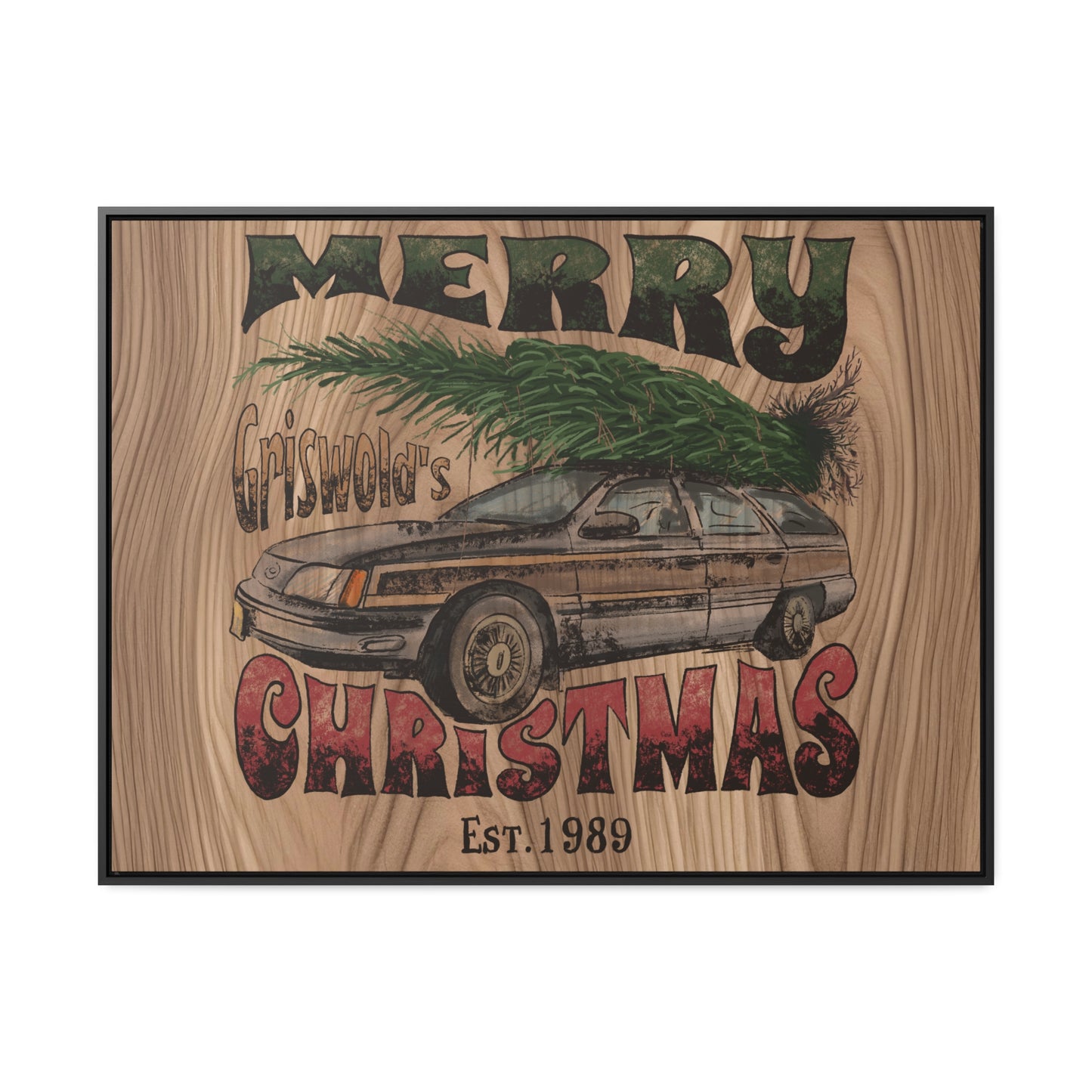 Distressed Merry Griswold Christmas Tree Station Wagon Holiday Gallery Canvas Wraps, Horizontal Frame