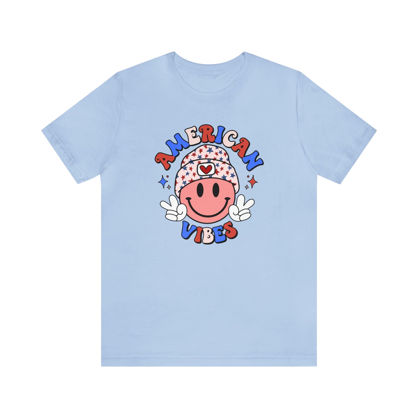 American Vibes USA Smiley Face with Stars Beanie with two hand peace signs Unisex Jersey Short Sleeve Tee