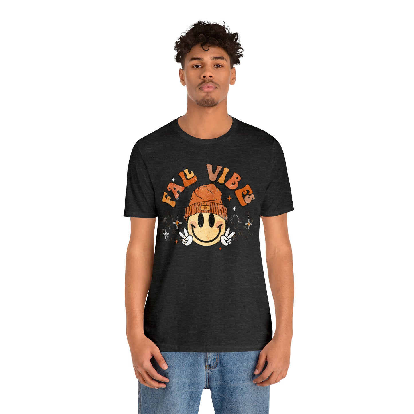 Distressed Halloween Fall Vibes Smiley Face with Beanie and Peace Sign T-Shirt