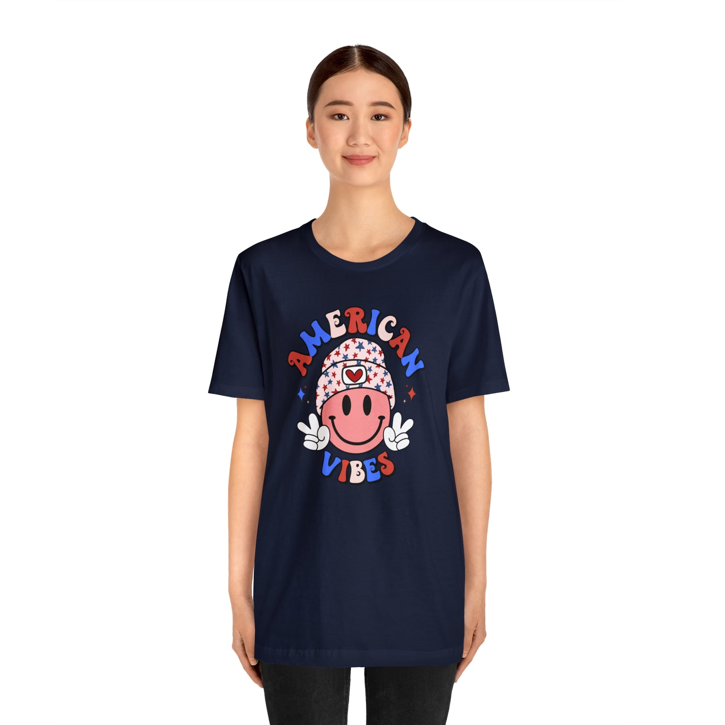 American Vibes USA Smiley Face with Stars Beanie with two hand peace signs Unisex Jersey Short Sleeve Tee