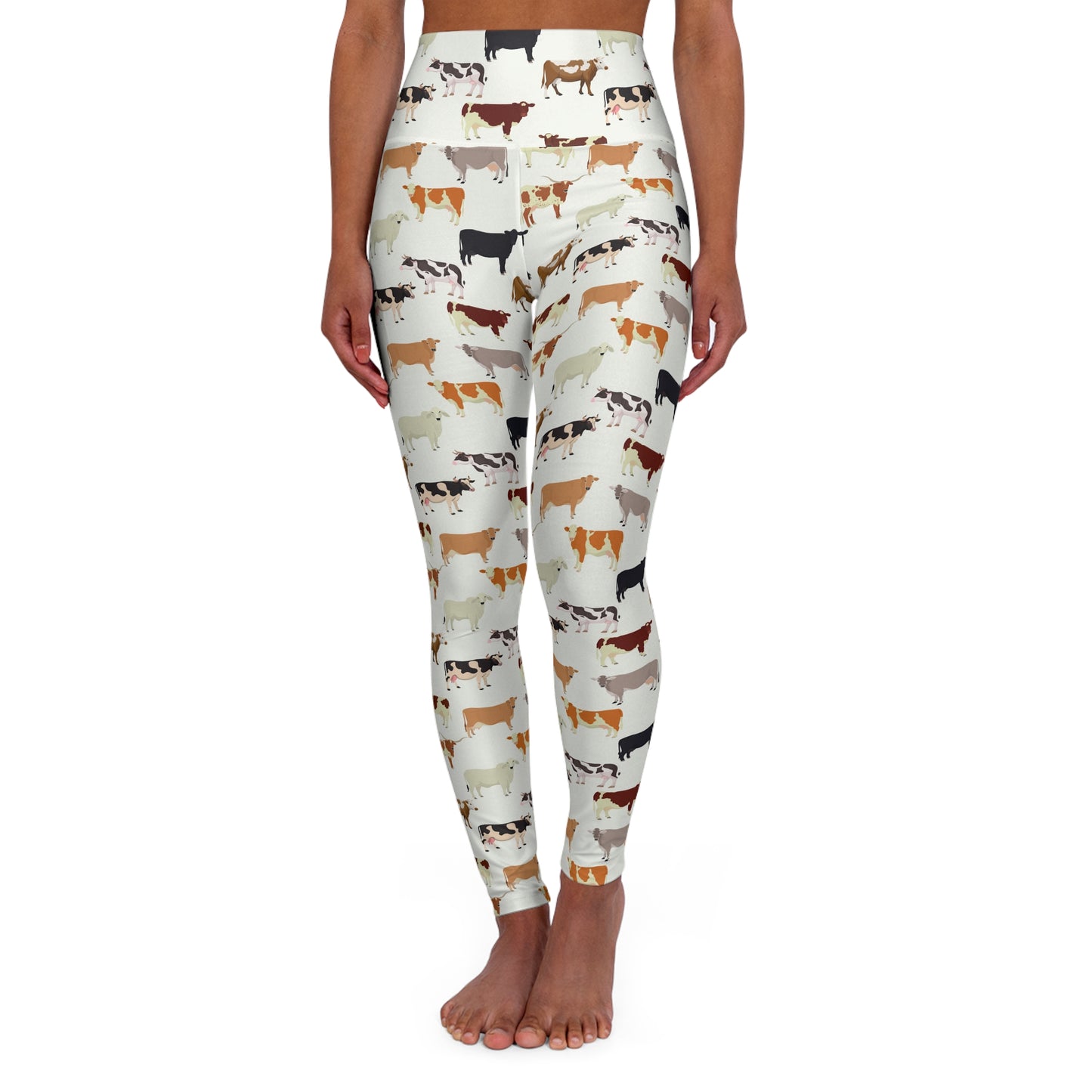 Many Cow Breed Patterned High Waisted White Yoga Leggings