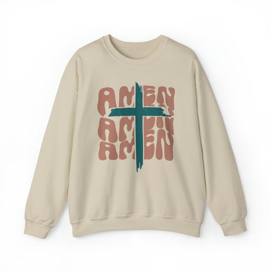 Vintage Amen Amen Amen with Cross Design Boho Color Print Heavy Blend™ Crewneck Sweatshirt