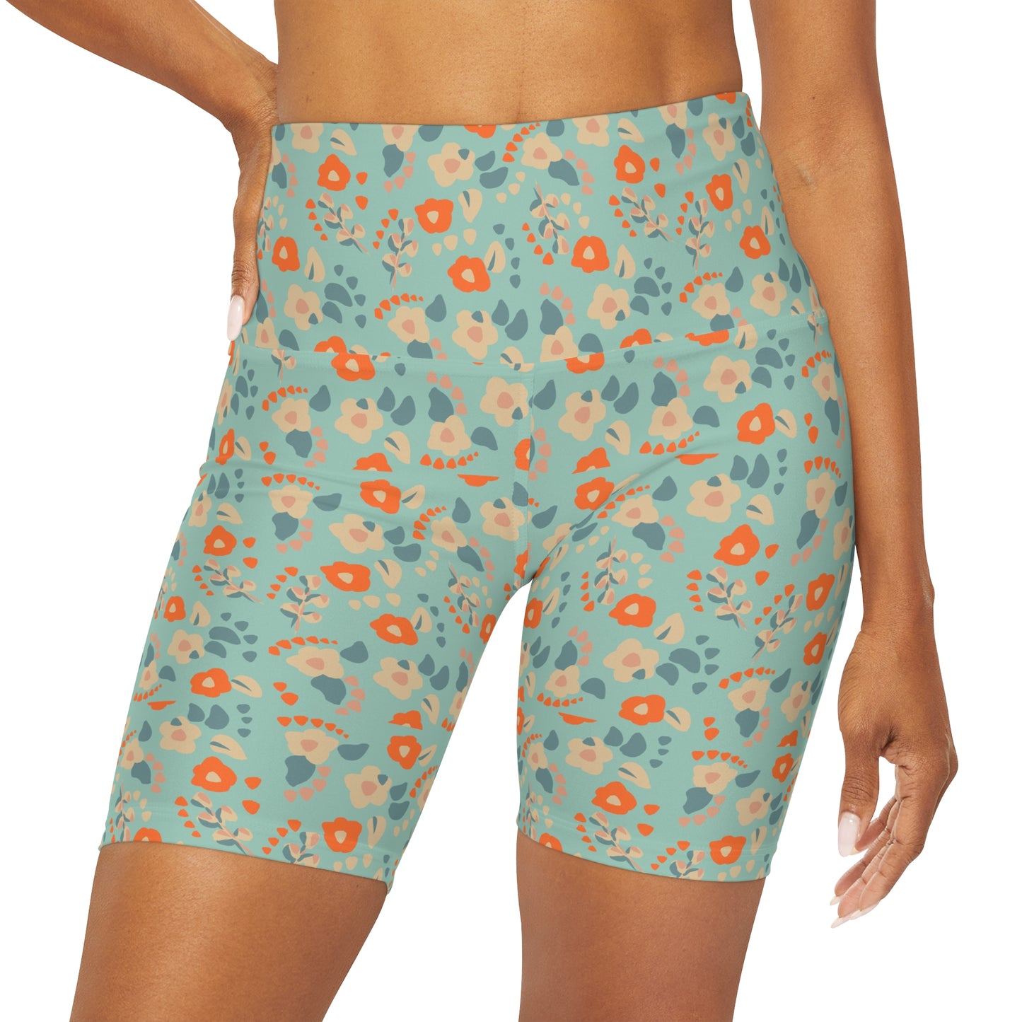 Boho Blue and Orange Dainty Floral Yoga Shorts