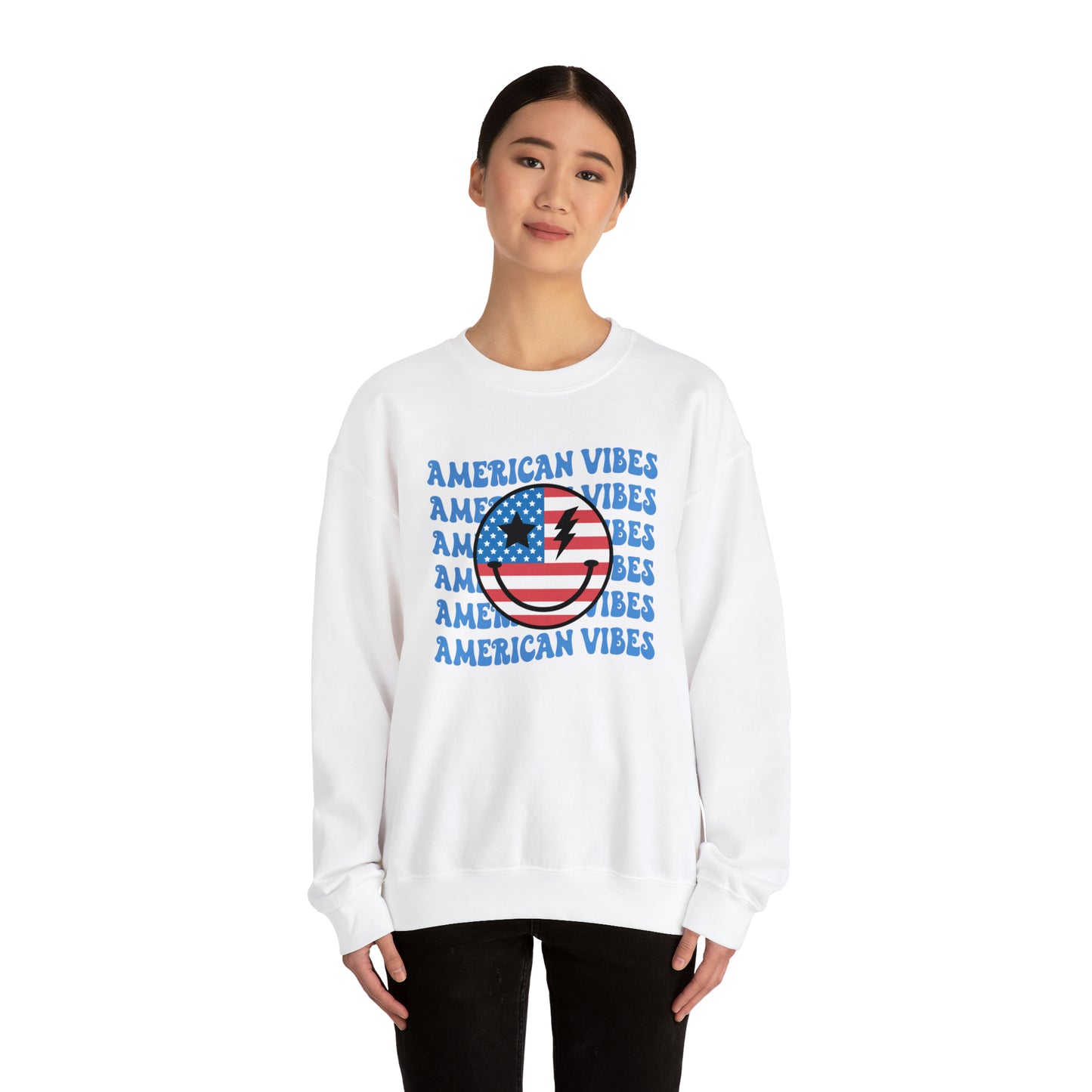 USA American Vibes Flag Smiley Face Heavy Blend™ Crewneck Sweatshirt