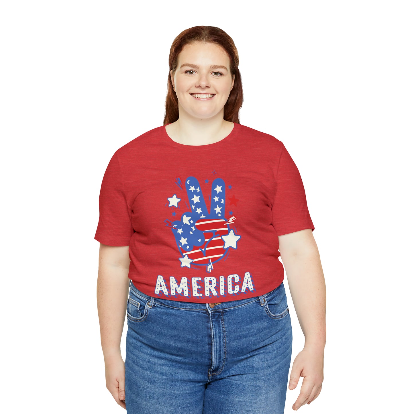 America USA Stars Peace Sign with Hands Unisex Jersey Short Sleeve Tee