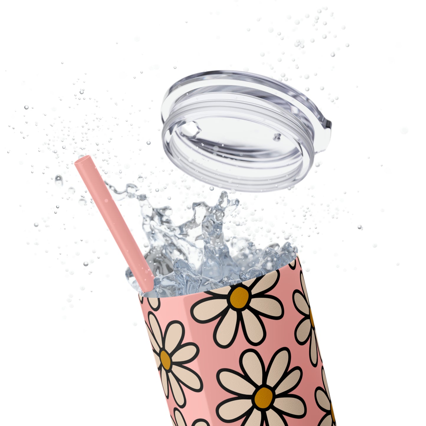 Peach Daisy Print Skinny Tumbler with Straw, 20oz