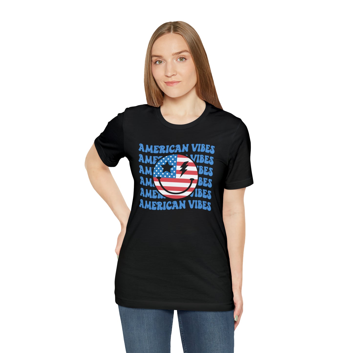 USA American Vibes American Flag Smiley Face Unisex Jersey Short Sleeve Tee