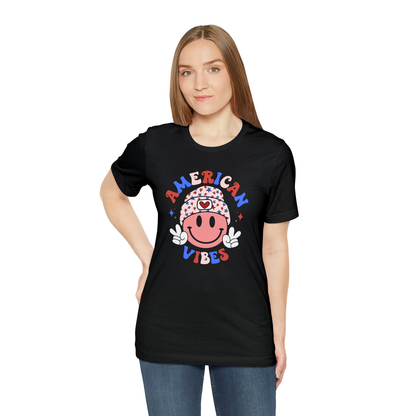 American Vibes USA Smiley Face with Stars Beanie with two hand peace signs Unisex Jersey Short Sleeve Tee