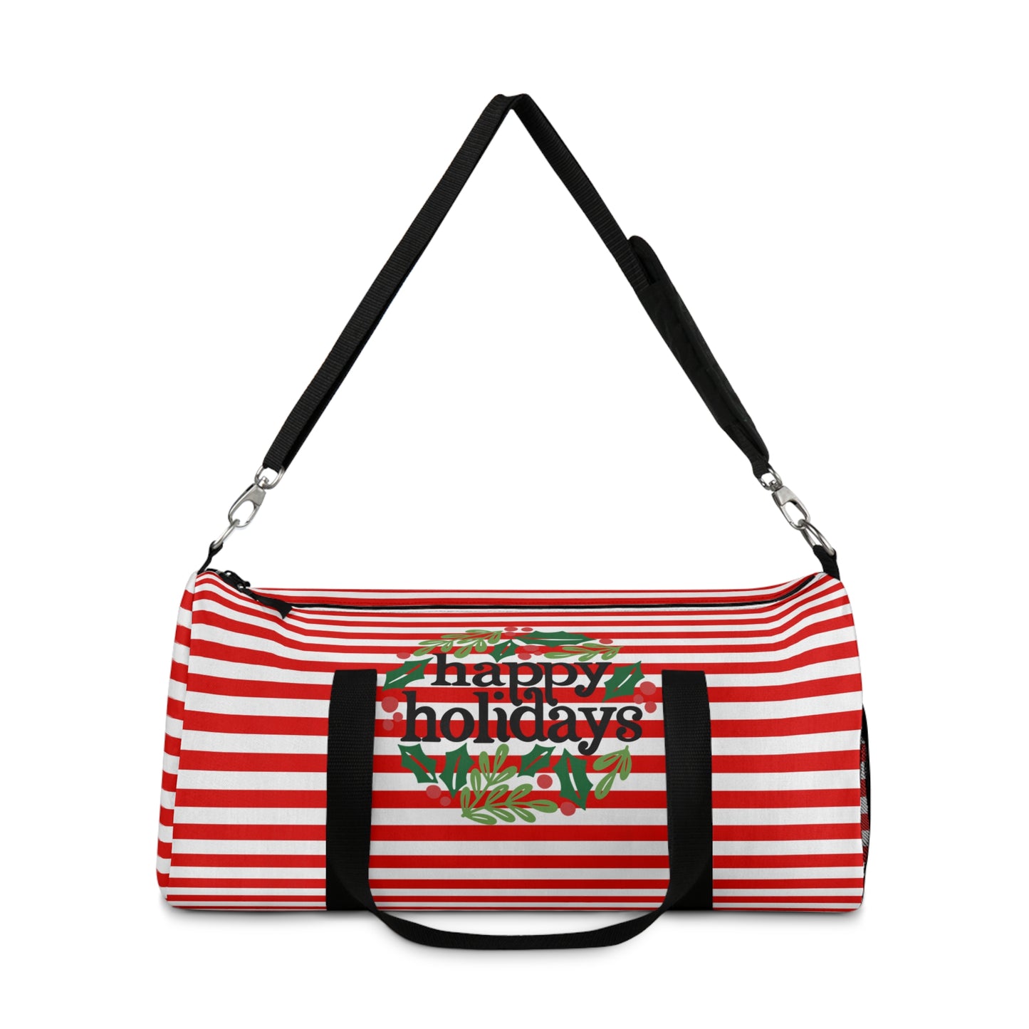 Happy Holidays Wreath Red and White Striped Christmas Duffel Bag