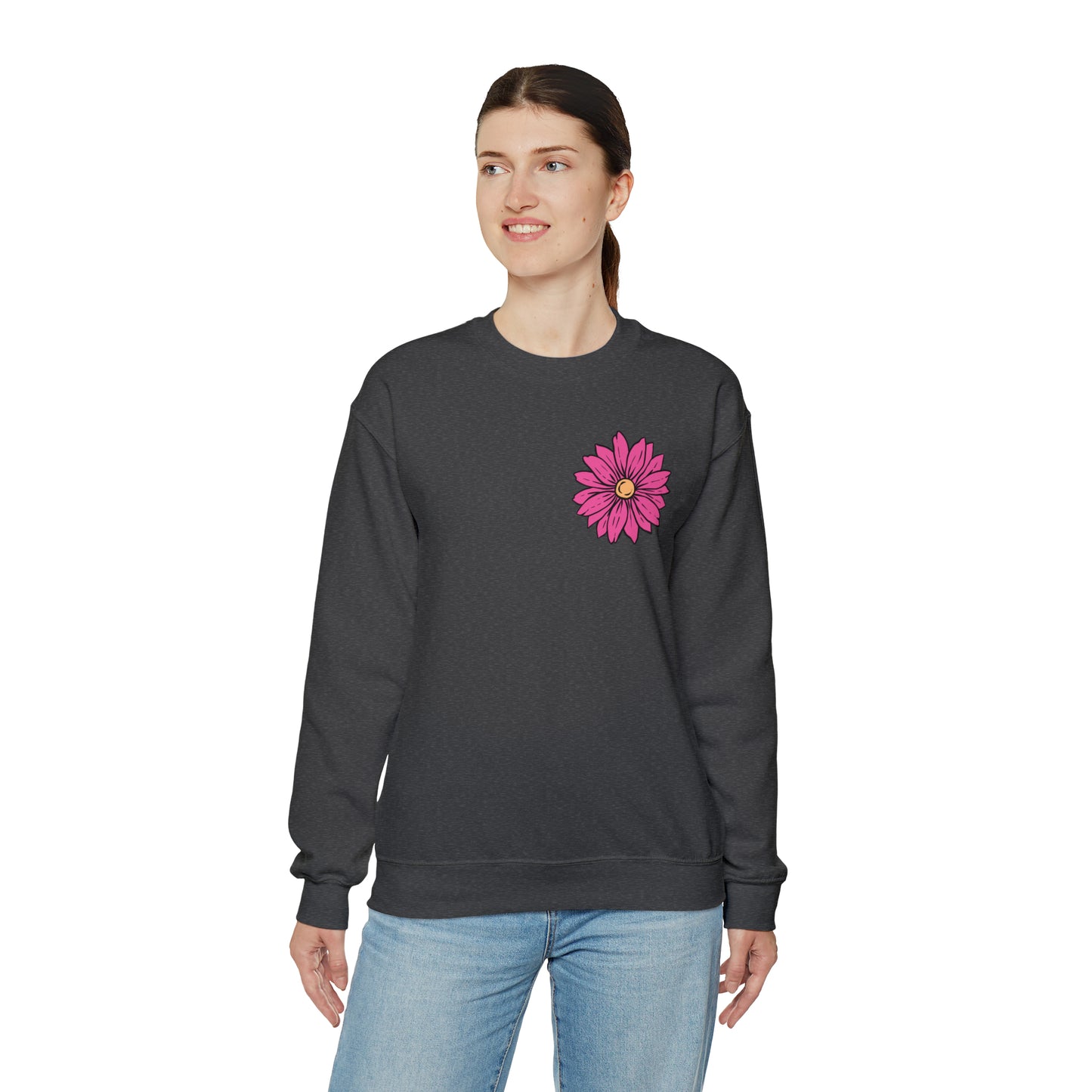 FRONT AND BACK DESIGN Positive Energy (Flower on Front and Message on Back) Font Heavy Blend™ Crewneck Sweatshirt