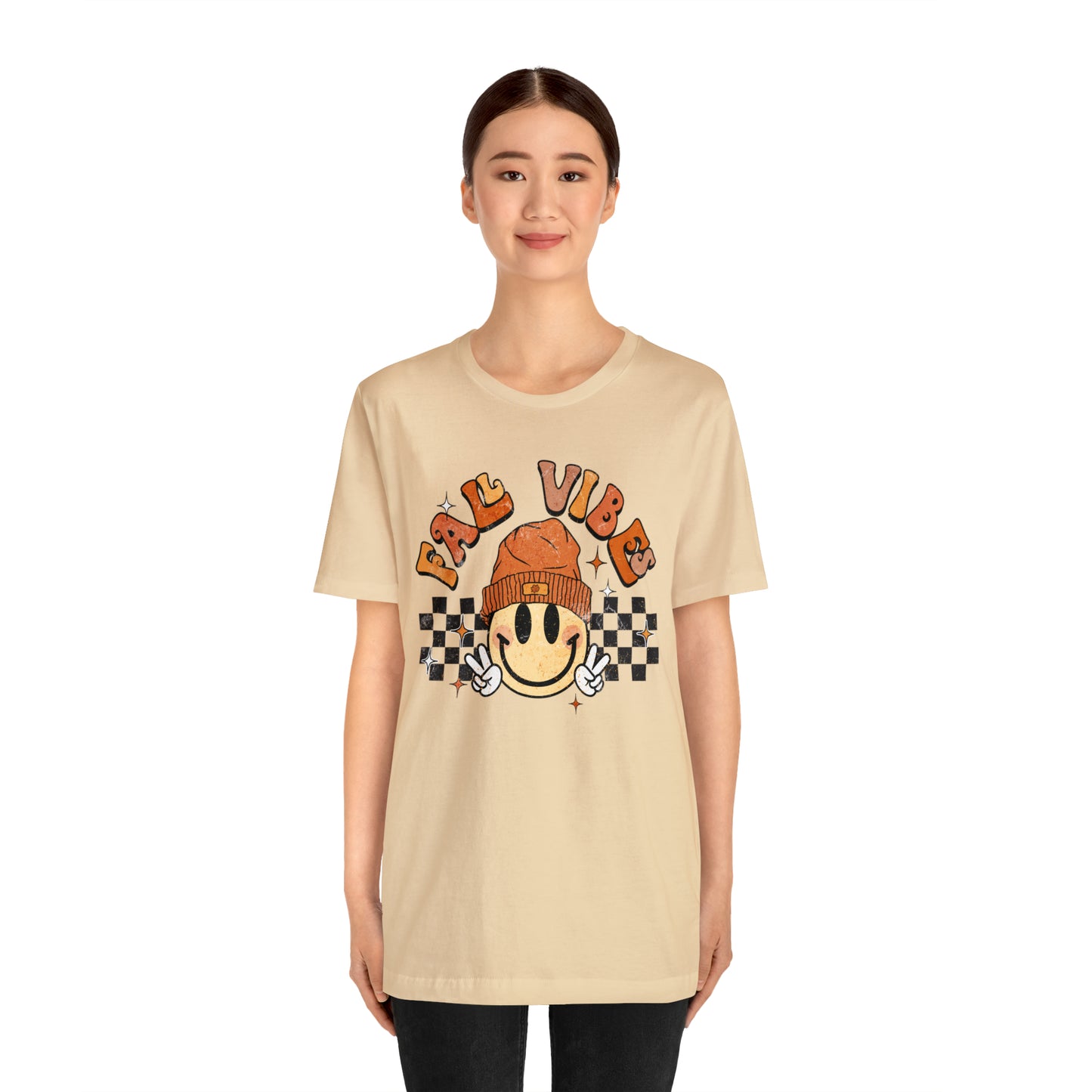 Distressed Halloween Fall Vibes Smiley Face with Beanie and Peace Sign T-Shirt