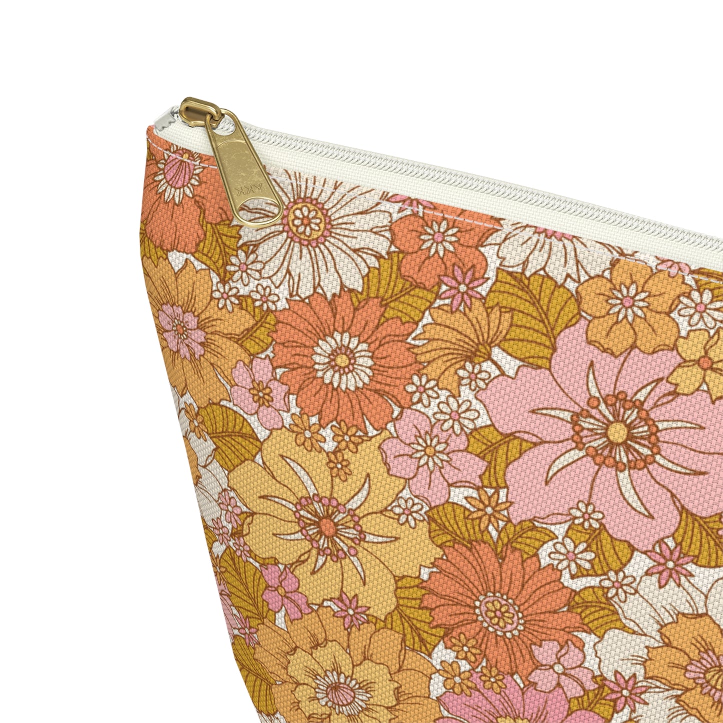 Peachy Golden Retro Floral Print Design Accessory Pouch w T-bottom