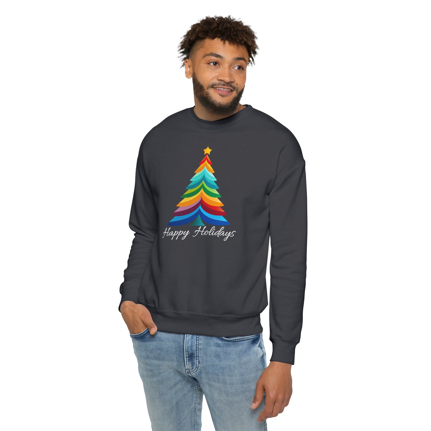 Happy Holidays Layered Rainbow Christmas Tree Unisex Drop Shoulder Bella Sweatshirt