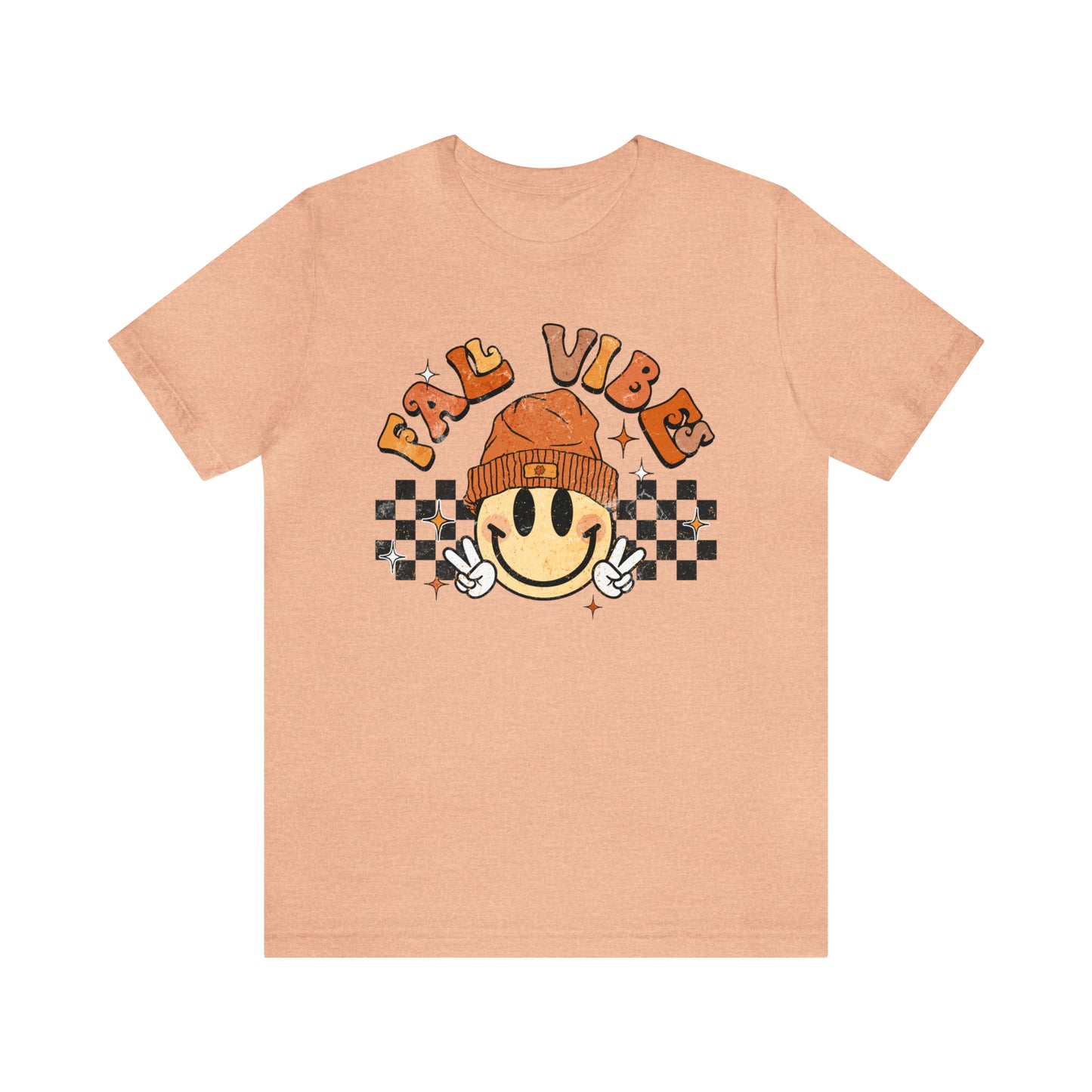 Distressed Halloween Fall Vibes Smiley Face with Beanie and Peace Sign T-Shirt