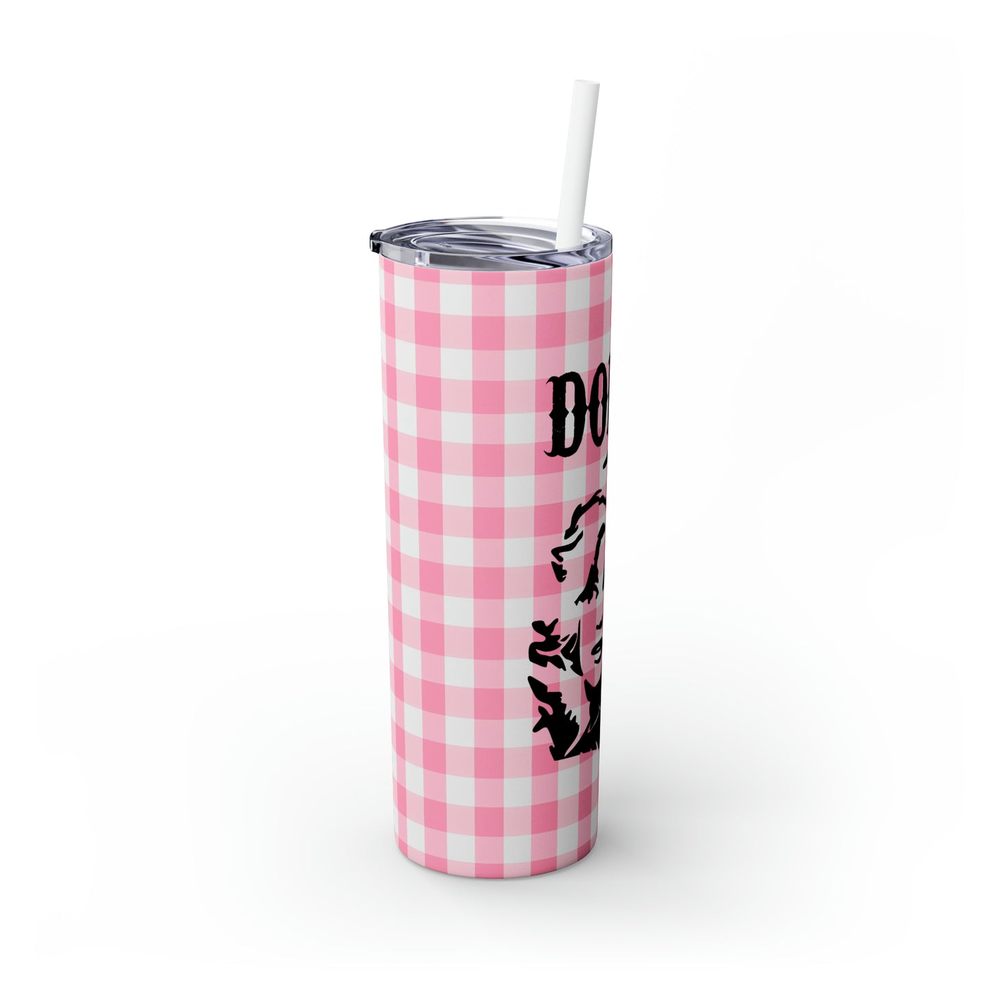 Dolly Portrait Pink Checkerboard Skinny Tumbler with Straw, 20oz