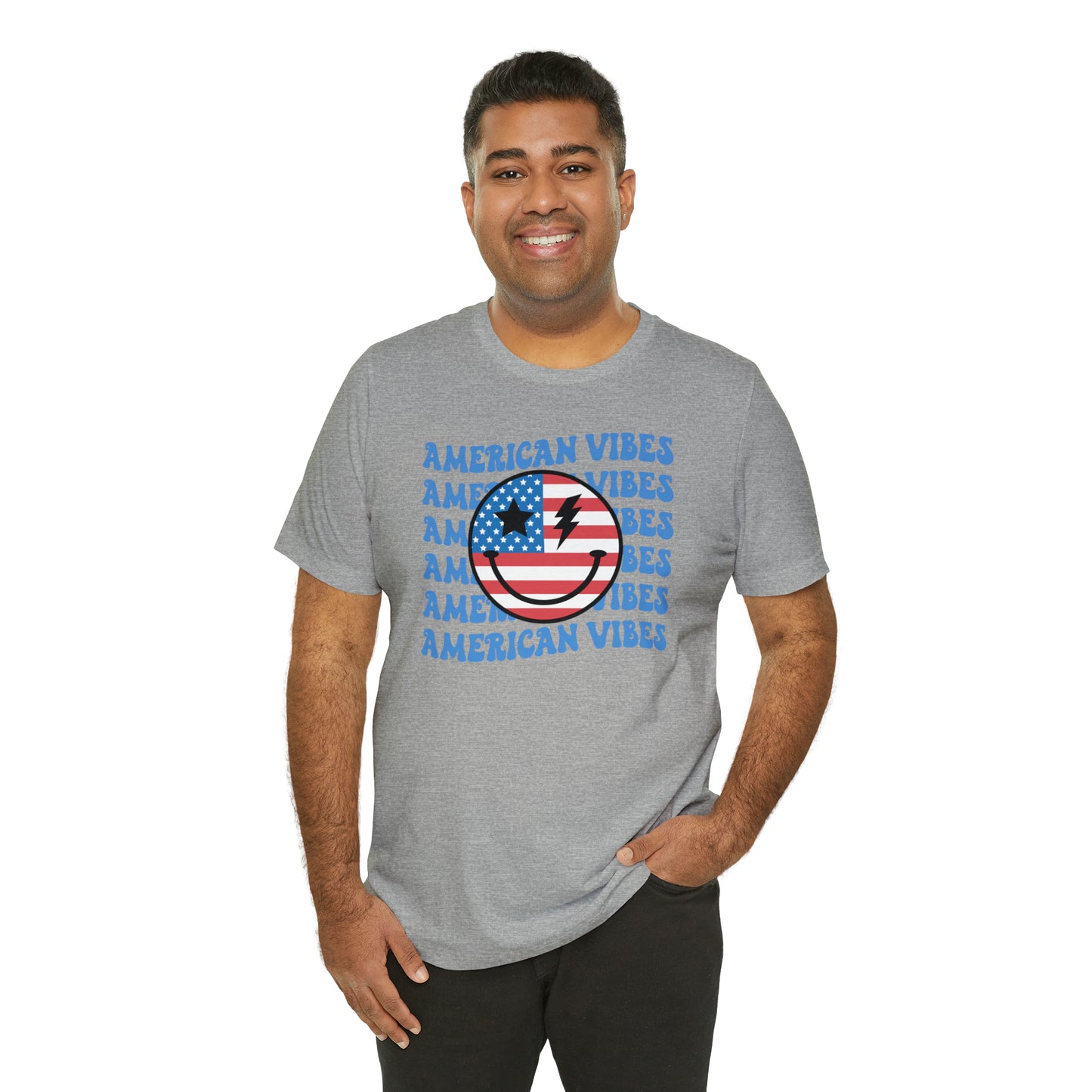 USA American Vibes American Flag Smiley Face Unisex Jersey Short Sleeve Tee