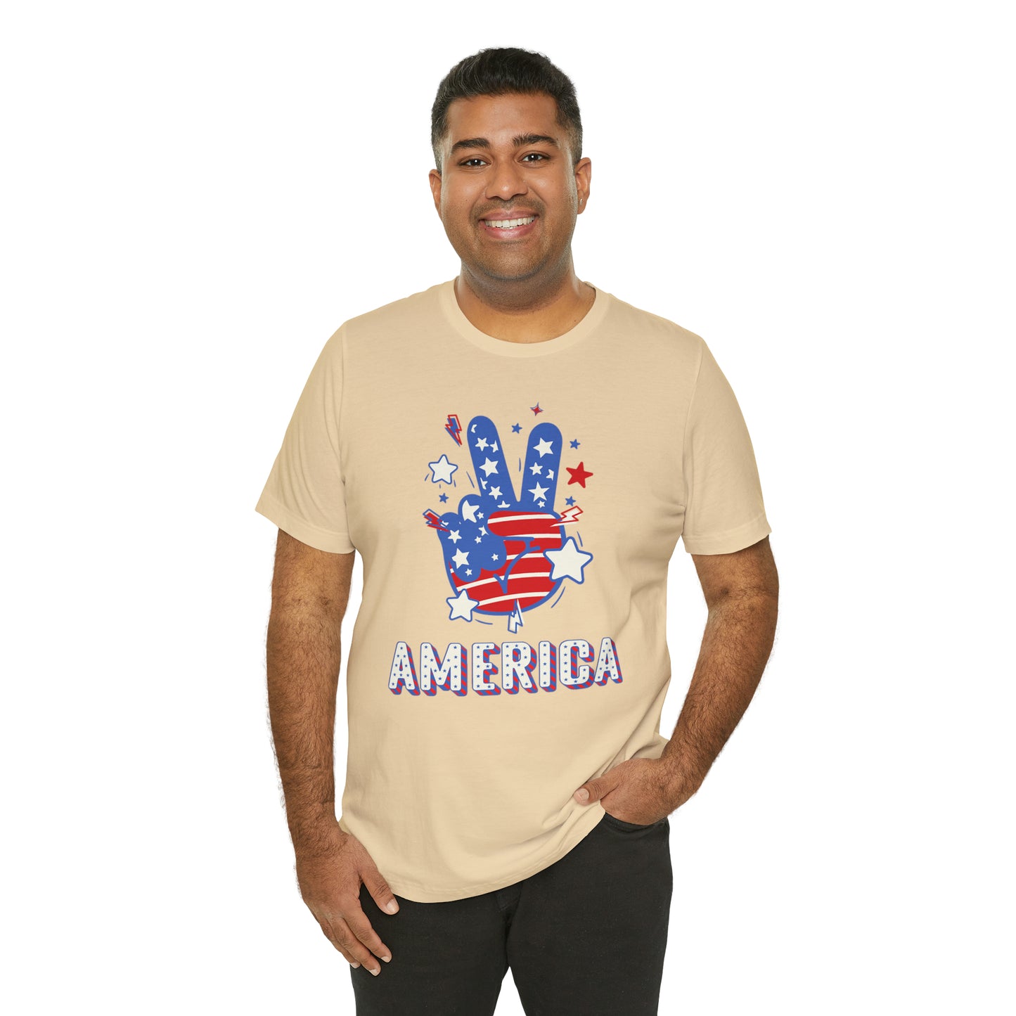 America USA Stars Peace Sign with Hands Unisex Jersey Short Sleeve Tee