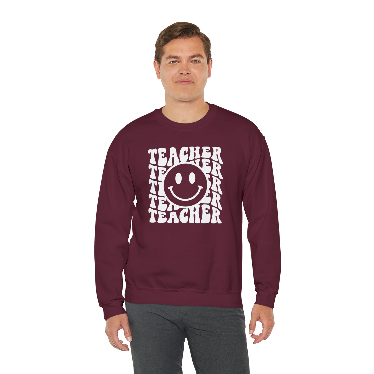 Teacher with Smiley Face White Logo Unisex Heavy Blend™ Crewneck Sweatshirt