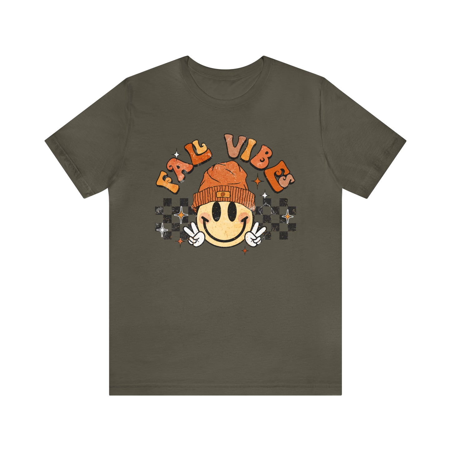 Distressed Halloween Fall Vibes Smiley Face with Beanie and Peace Sign T-Shirt