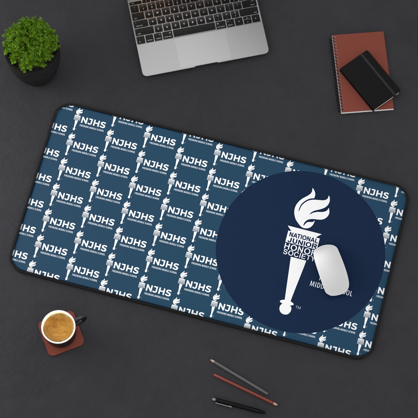 NJHS Slate Blue Pattern and Navy Mouse Circle Pattern Desk Mat