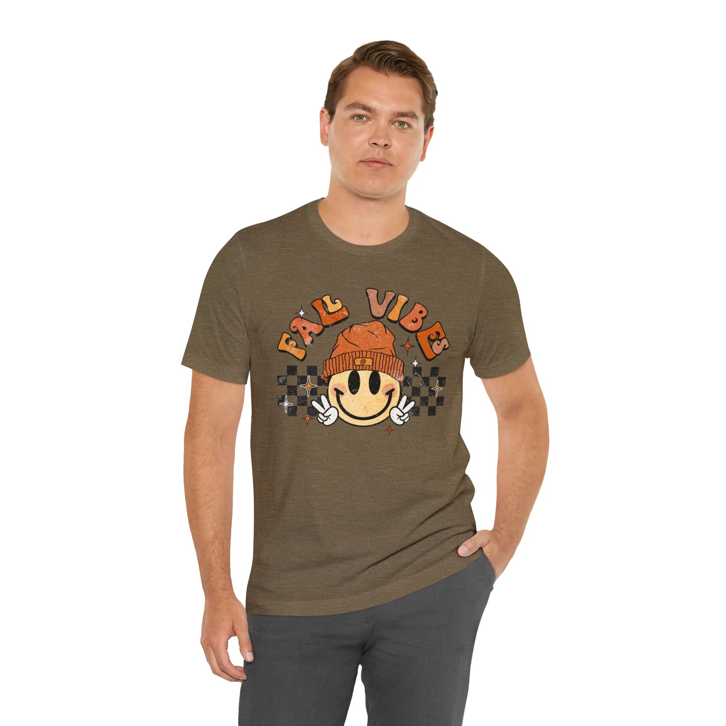 Distressed Halloween Fall Vibes Smiley Face with Beanie and Peace Sign T-Shirt