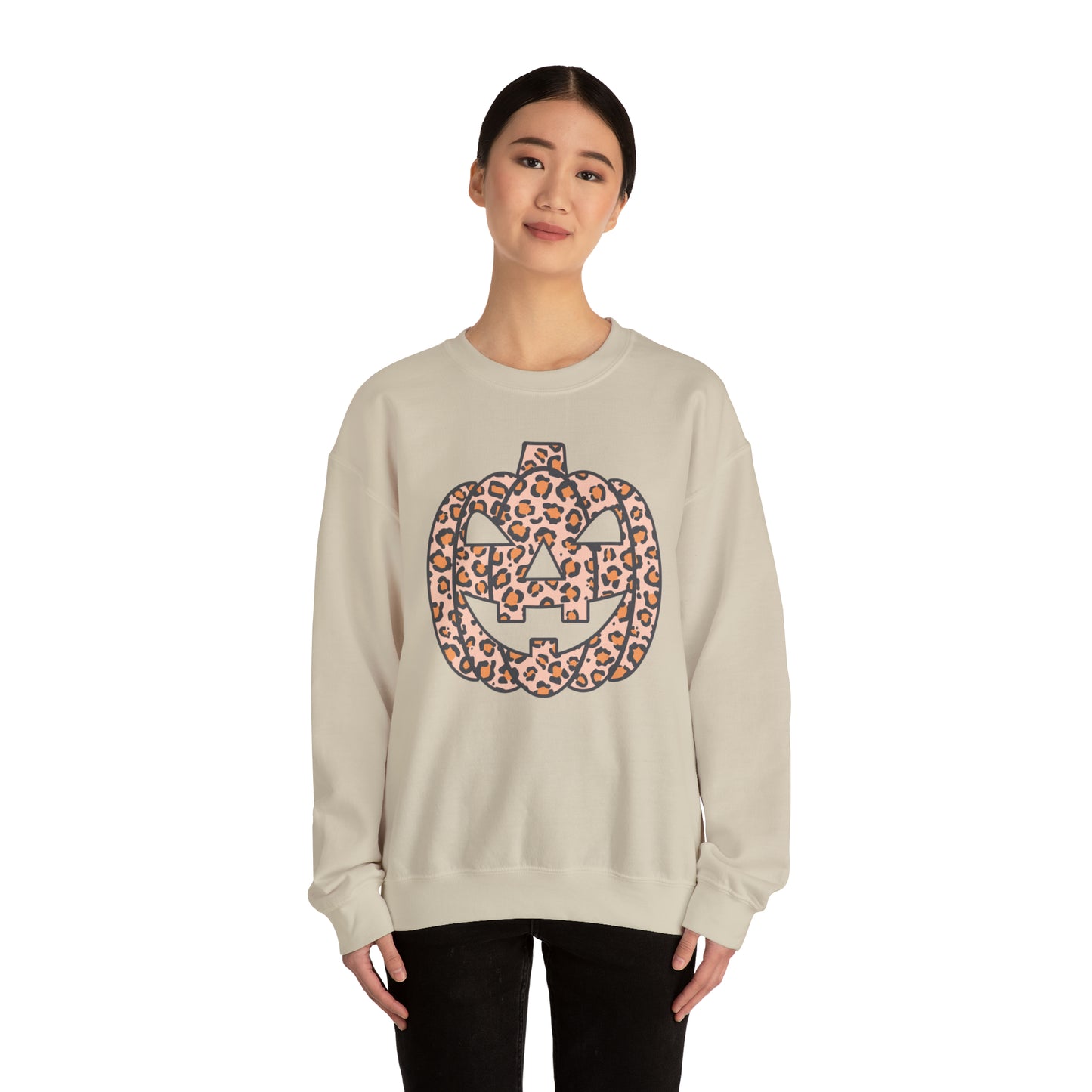 Boho Leopard Print Pumpkin Fall Halloween Retro Warm Colored  Unisex Heavy Blend™ Crewneck Sweatshirt