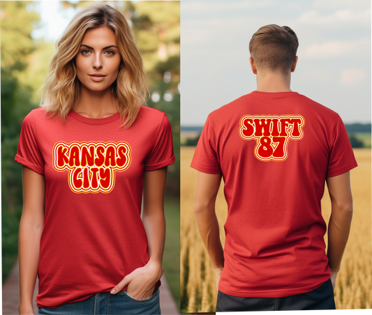 Swift Kelce Football Bubble Font Bella Jersey Short Sleeve Tee (Unisex) - Front and Back Design