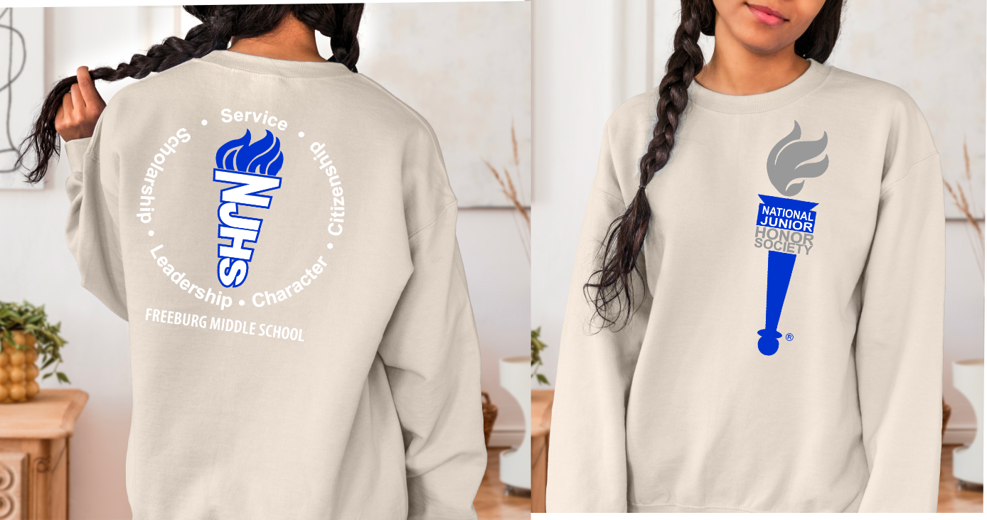 Front and Back Design - Freeburg Middle School White NJHS National Junior Honor Society Royal Torch (front) and Character Circle Logo (back) Unisex Heavy Blend™ Crewneck Sweatshirt