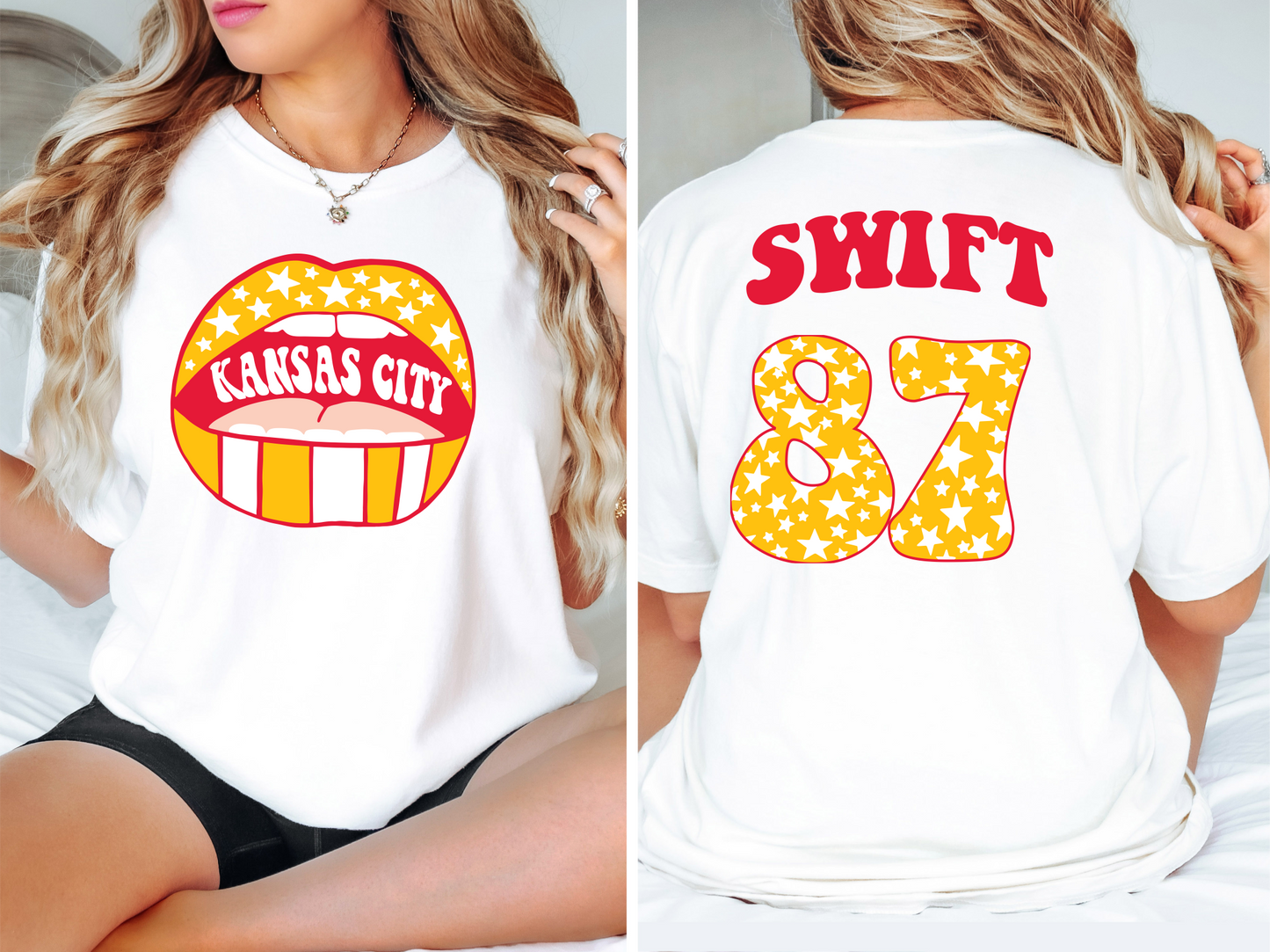 Swift Kelce 87 Football Lips Bella Jersey Short Sleeve Tee (Unisex) - Front and Back Design