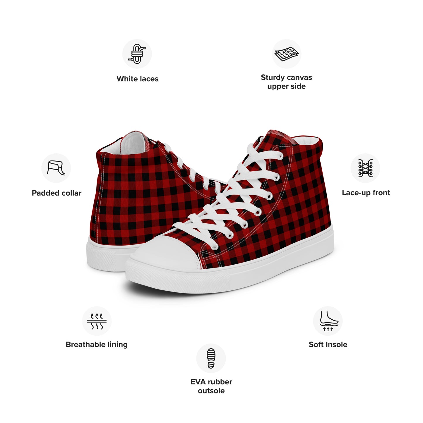 Red and Black Buffalo Plaid Men’s high top canvas shoes