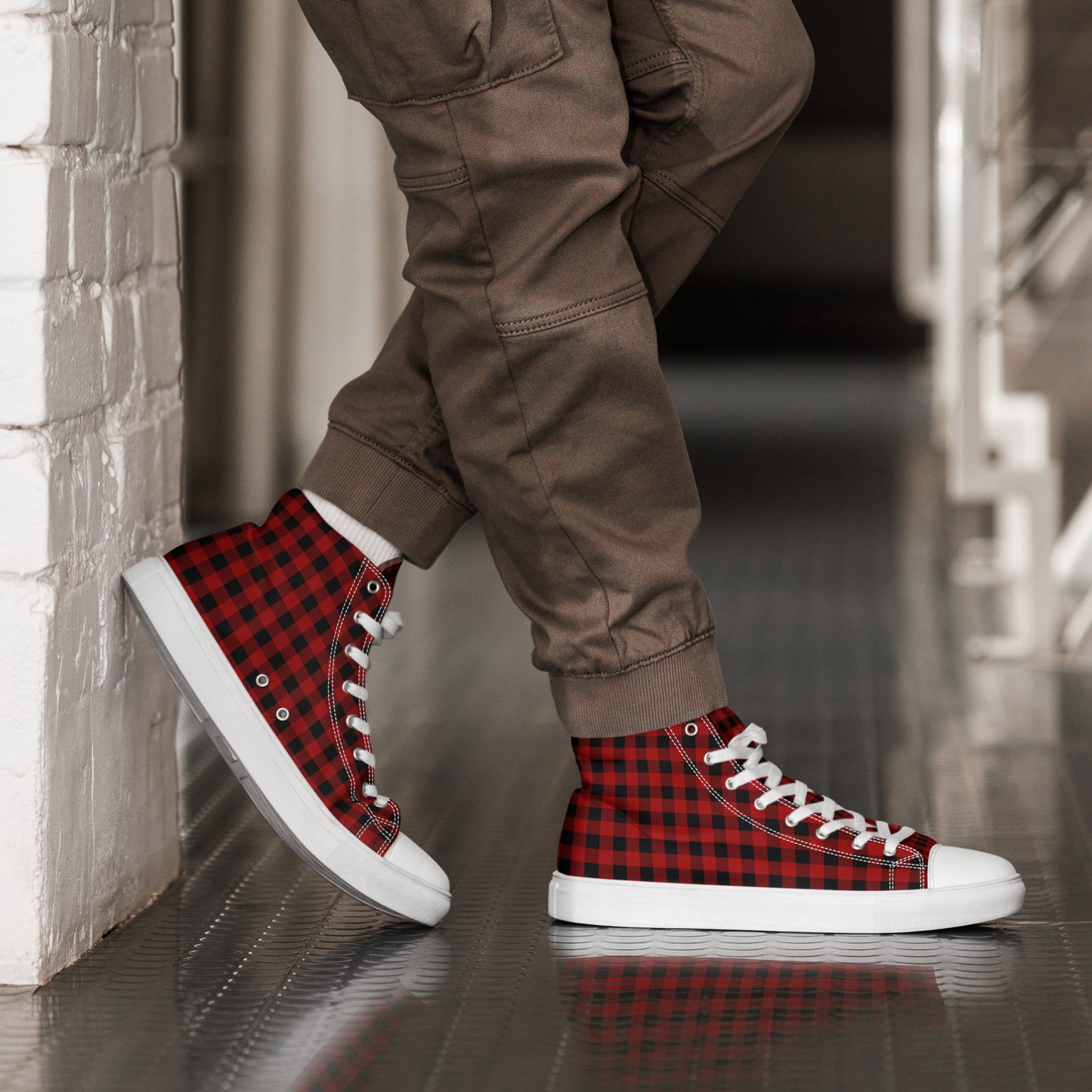 Red and Black Buffalo Plaid Men’s high top canvas shoes