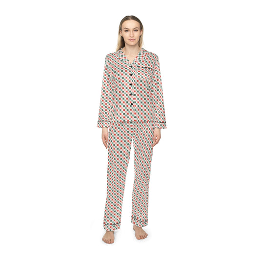 Christmas Checkerboard Pattern Women's Satin Pajamas (AOP)