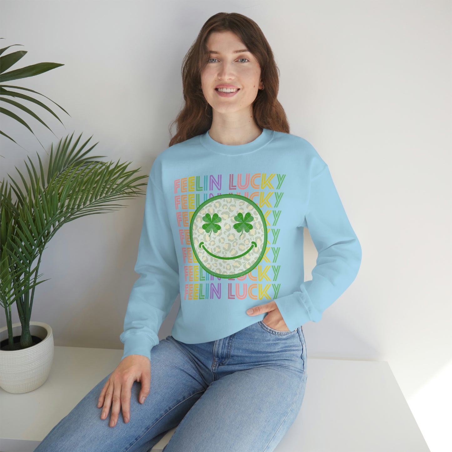 St. Patrick's Day "Feelin Lucky Smiley Face" Unisex Heavy Blend Crewneck Sweatshirt