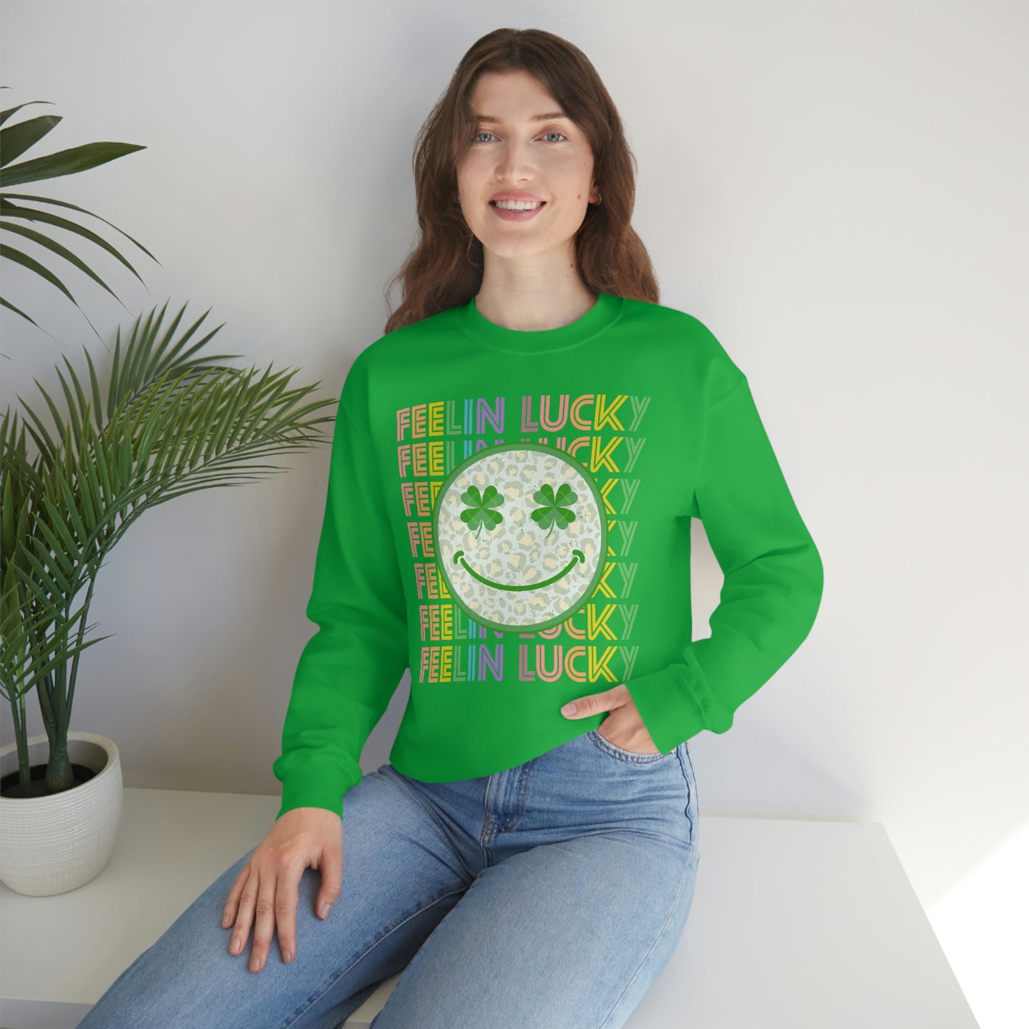 St. Patrick's Day "Feelin Lucky Smiley Face" Unisex Heavy Blend Crewneck Sweatshirt