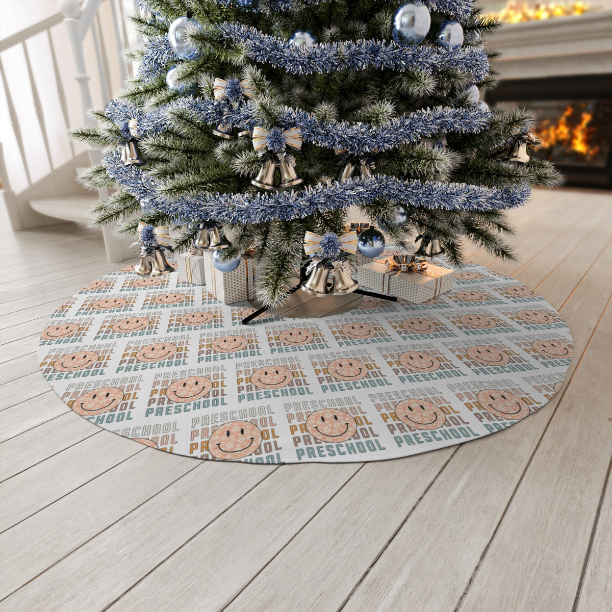 "Preschool Rustic Orange Smiley Face" White Round Tree Skirt