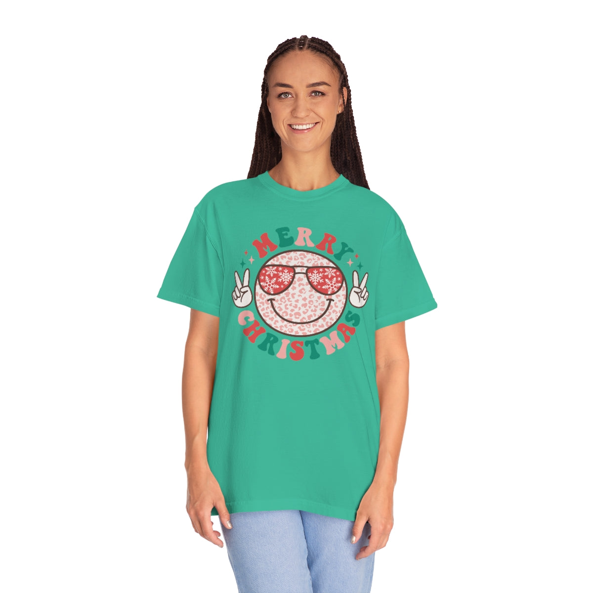 Merry Christmas Smiley Face Peace Sign Multi-Color Unisex Garment-Dyed Comfort Colors PREMIUM T-shirt