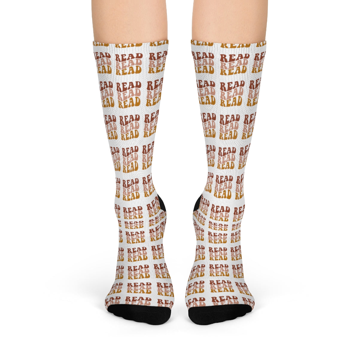 White "Read Read Read" Pattern Crew Socks